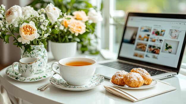 Biurko z laptopem i filiżanką herbaty